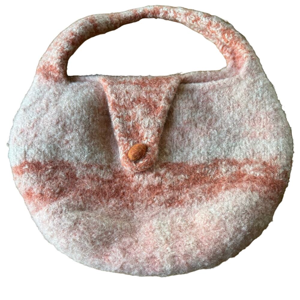 Boho Round Knit Felted Wool Purse Handbag Peach White Rust 10x14 SLOW FASHION